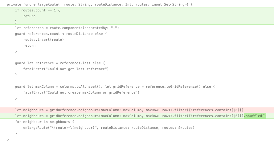 A diff showing the simple fix for generating a single path